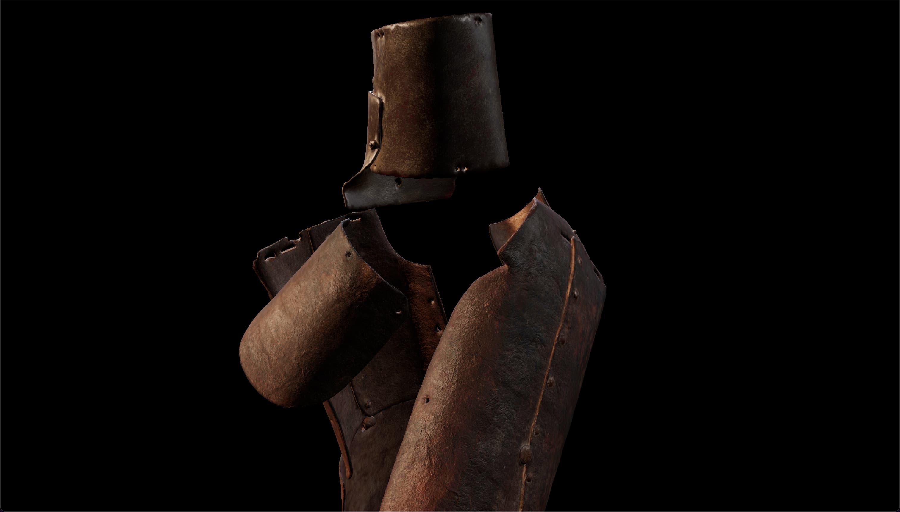 Digital render of Ned Kelly's helmet, shoulder plate, and breastplate and backplate floating on a black background.