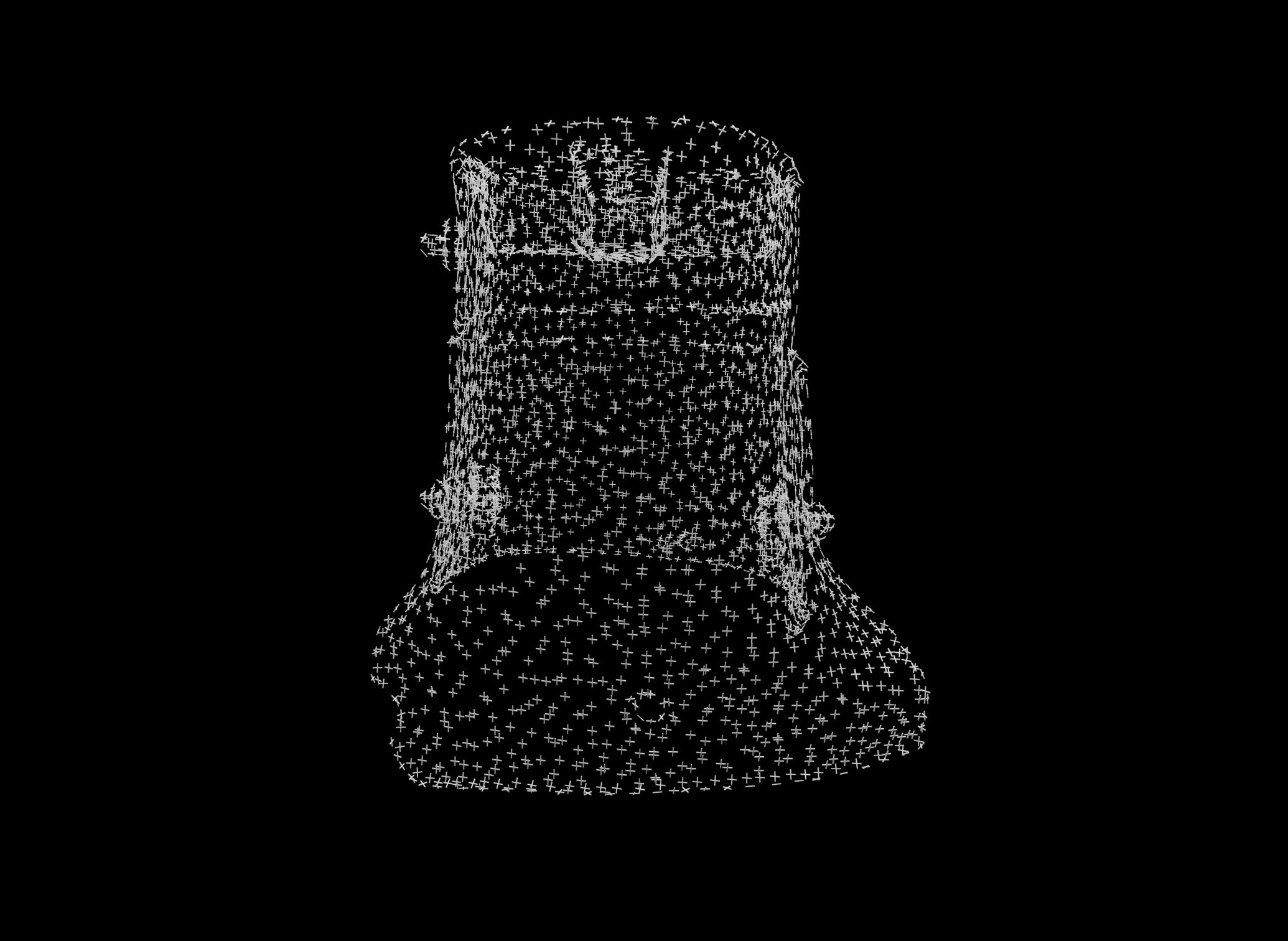 A 3D tube-like helmet floating against a black background of digital space, made up of many small white plus signs suspended in space. The helmet shape has bolts coming out of the sides, and a rectangular slit for the eyes.