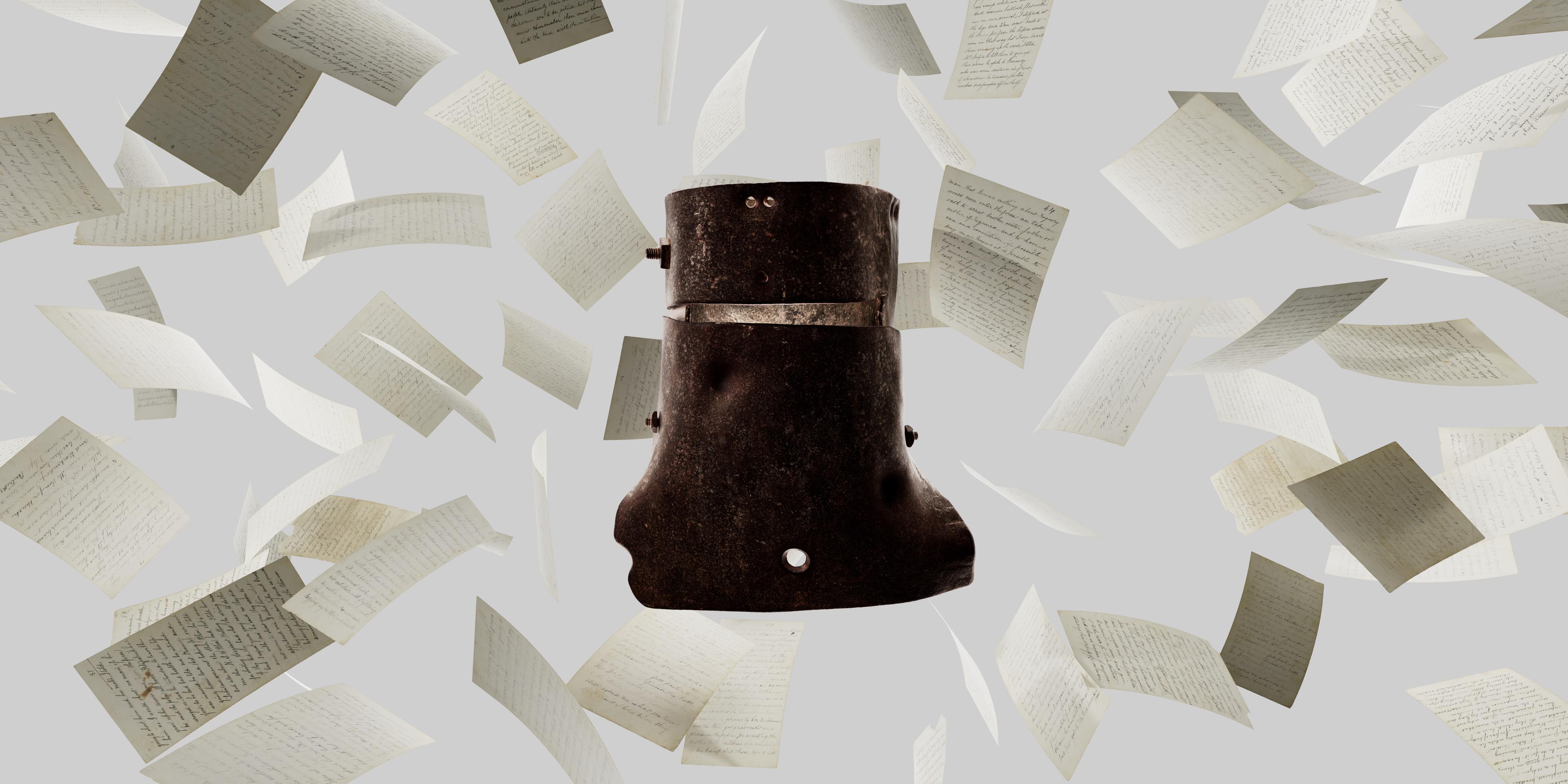 A 3D digital render of Ned Kelly's helmet on a light gray background, surrounded by digital renders of floating pieces of paper.