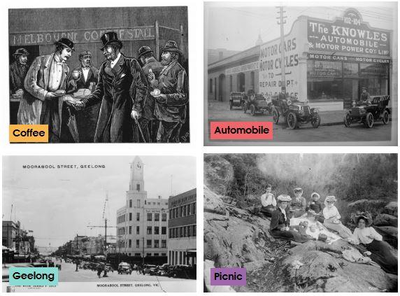 Grid of four images containing varied archival images with colourful text boxes overlaying them. 