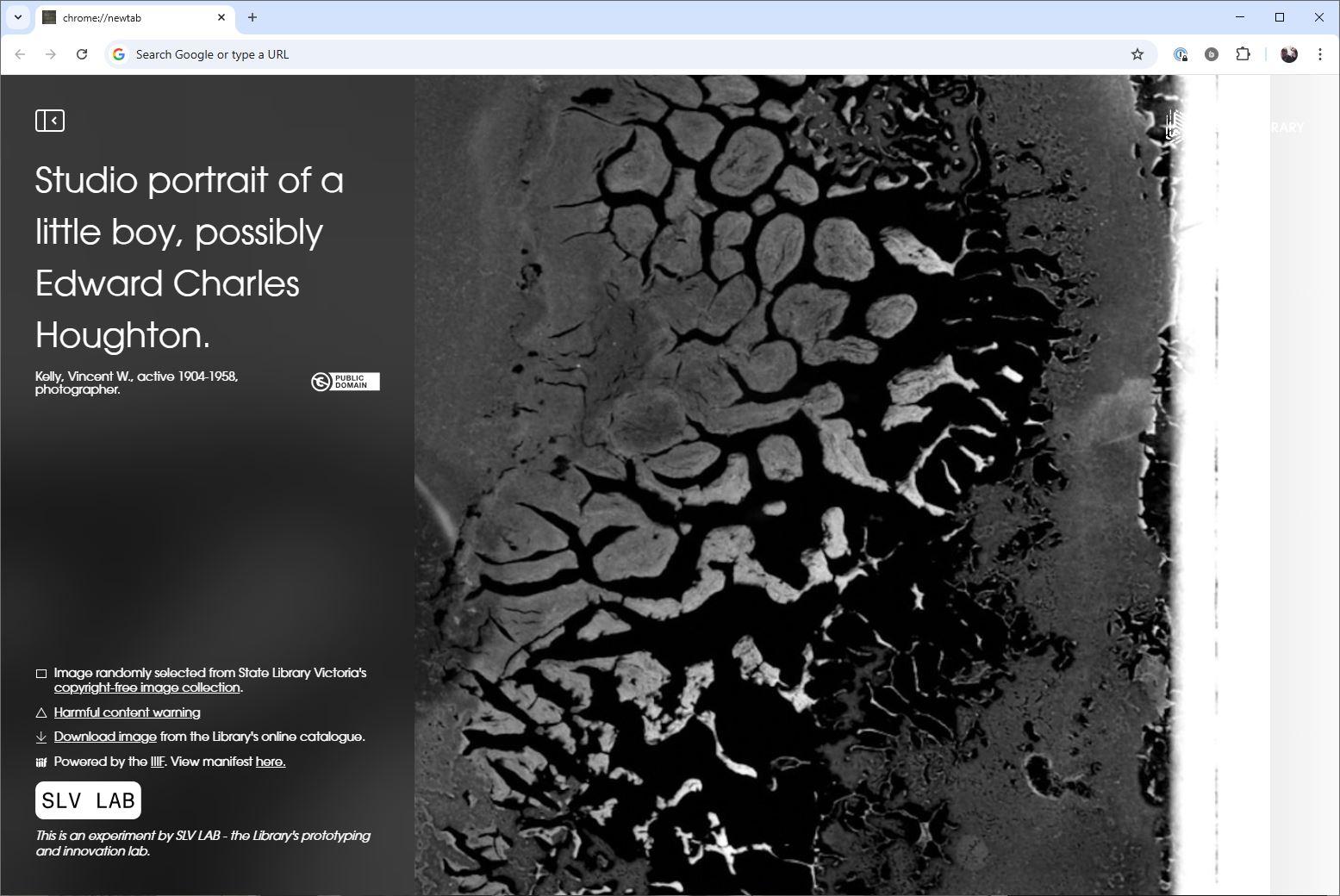 A close image of a damaged photograph. The surface is distorted and cracked. text overlays the image.