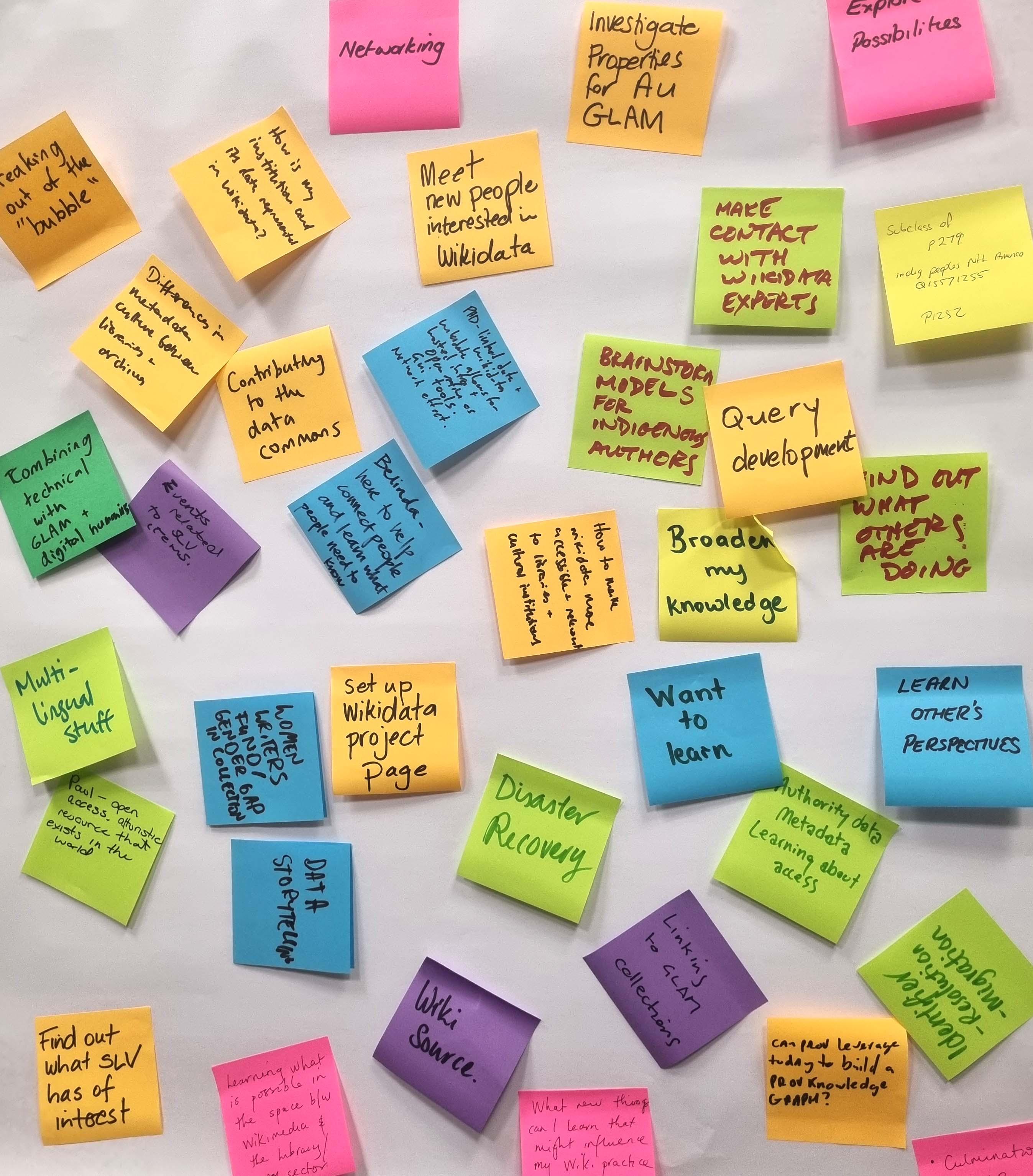 A collection of colourful post-it notes stuck to white butcher's paper. The notes are arranged in various orientations