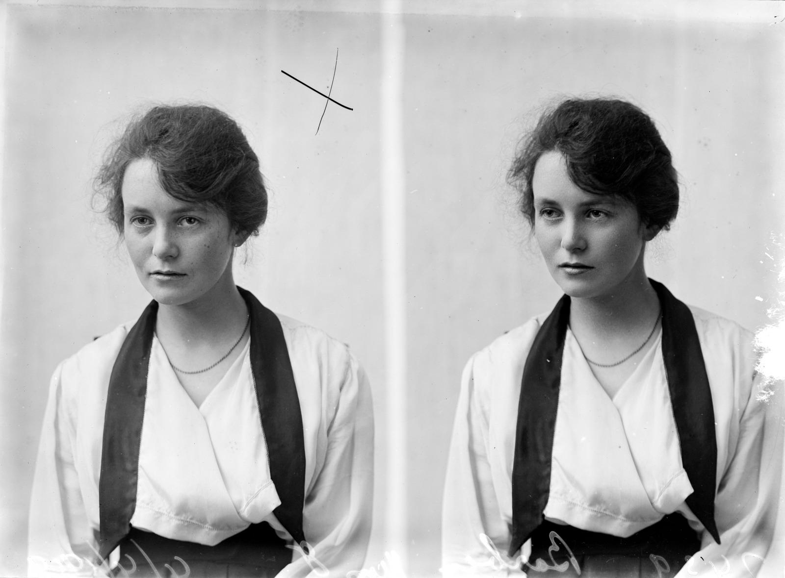 Two black and white images of the same woman, Miss J. Barber, side by side. She has short black hair and is wearing a black and white blouse
