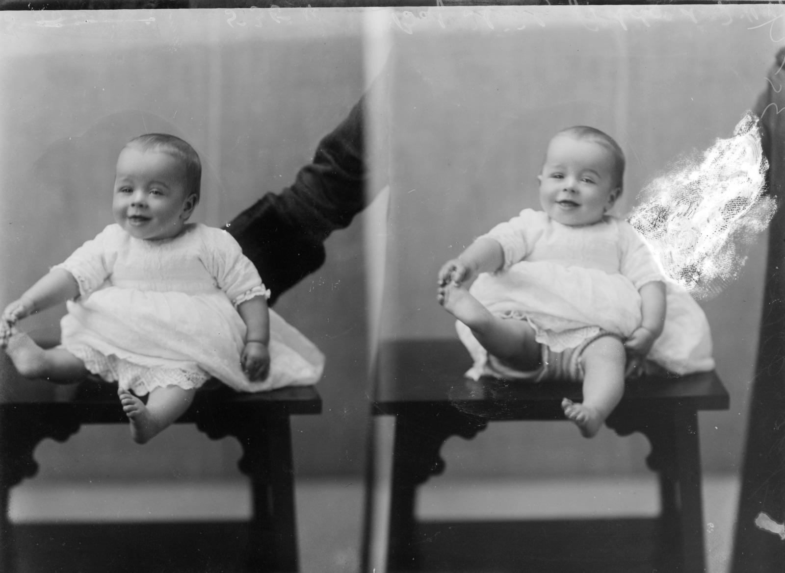 A side by side composite black and white photo of a baby on a stool (Baby Goddard, Spencer Shier Collection)