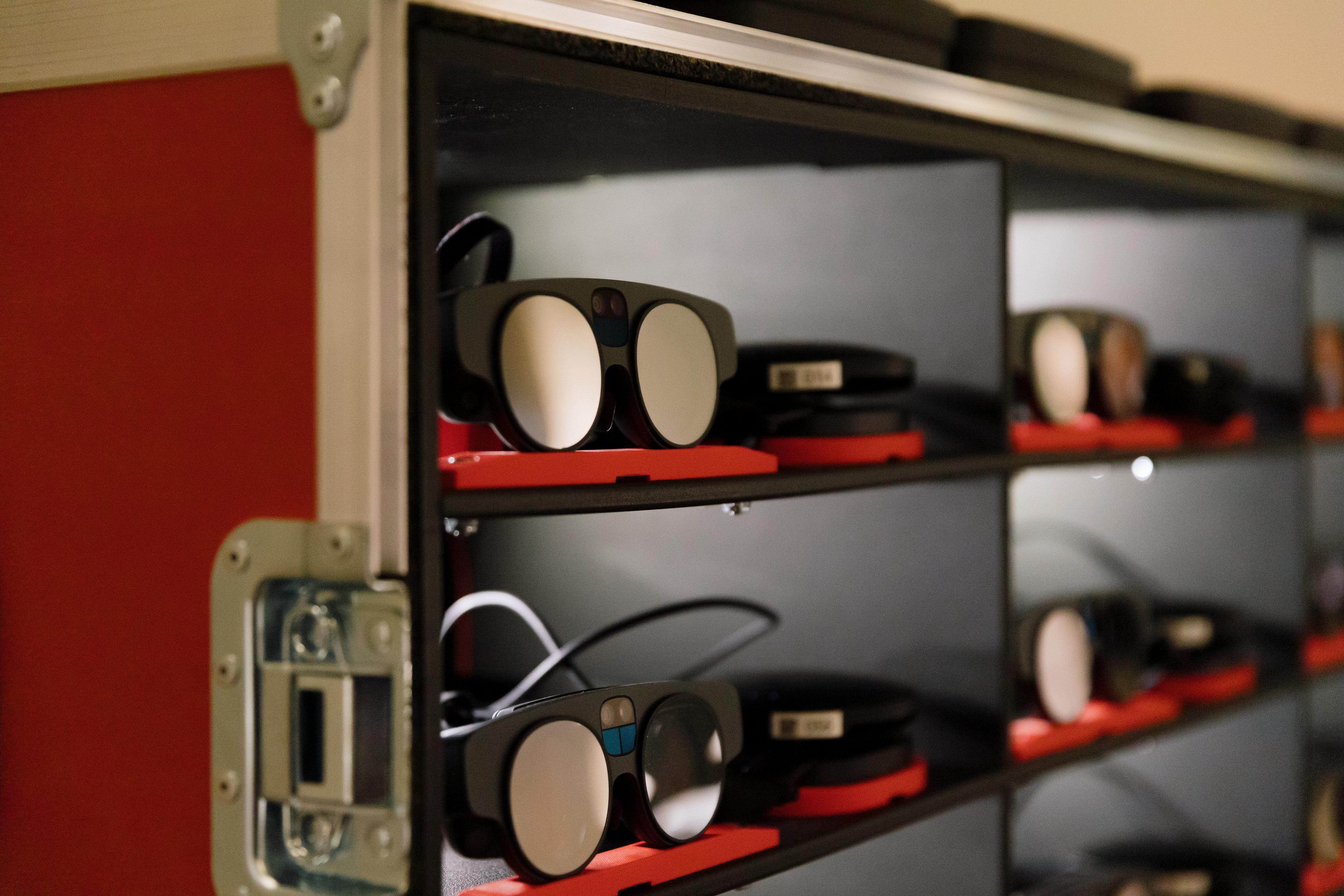 A closeup of mixed reality headsets sitting inside a flight case
