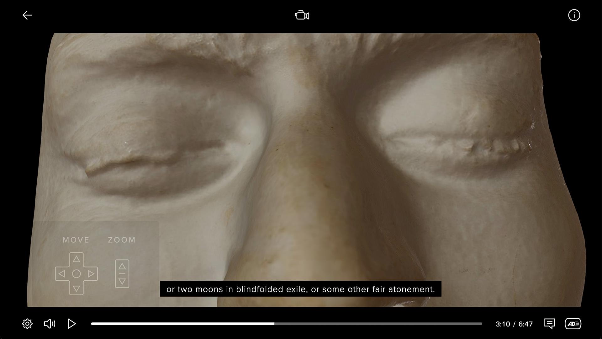 A closeup digital render of Ned Kelly's death mask showing a D-pad overlaid on the display that allows you to zoom and move up, down and across - Mouthful of Dust