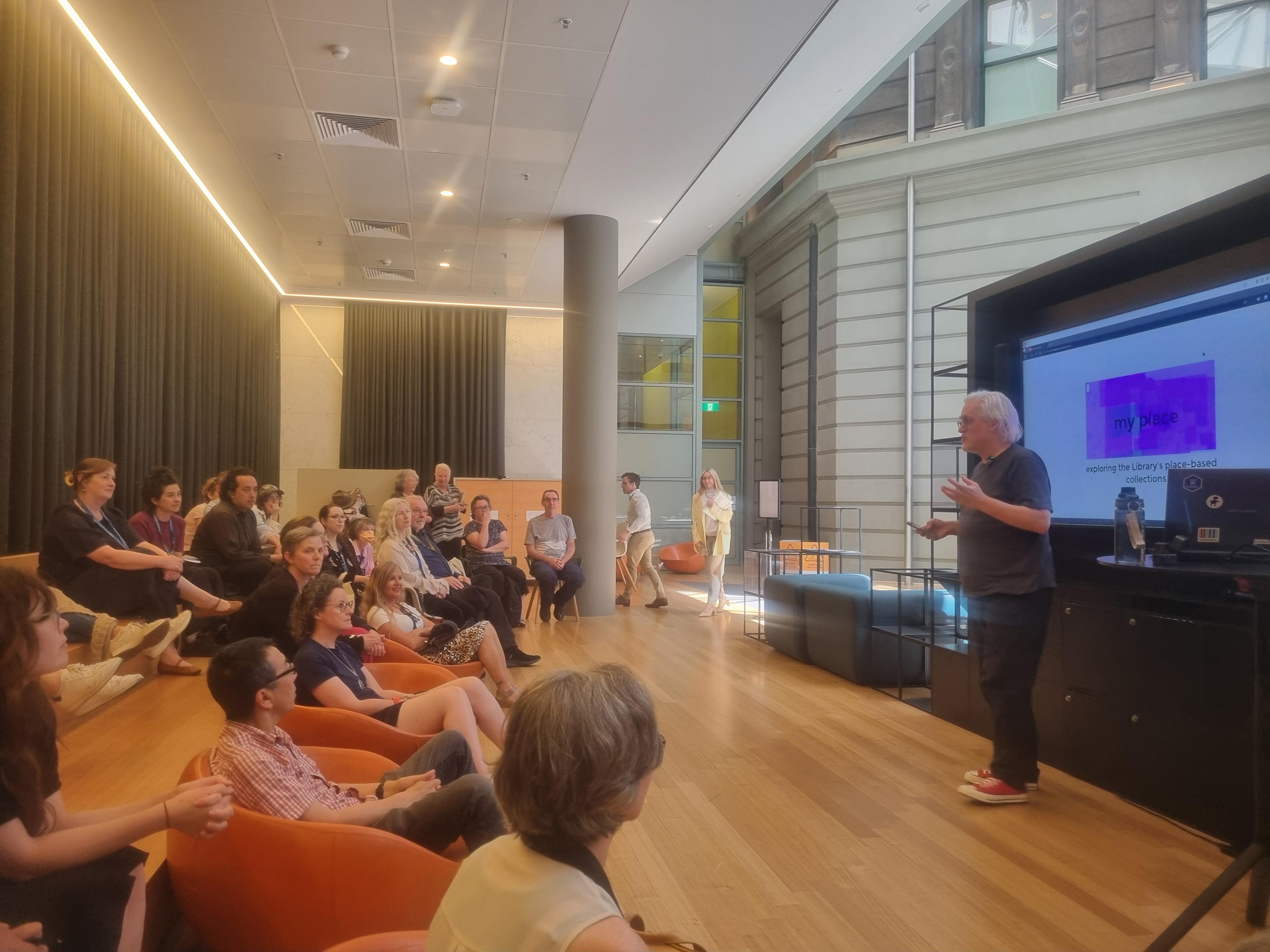 Tim Sherratt sharing his work with staff and Library visitors, as part SLV LAB's Creative Technologist Talk series held regularly in the Library's Create Quarter.