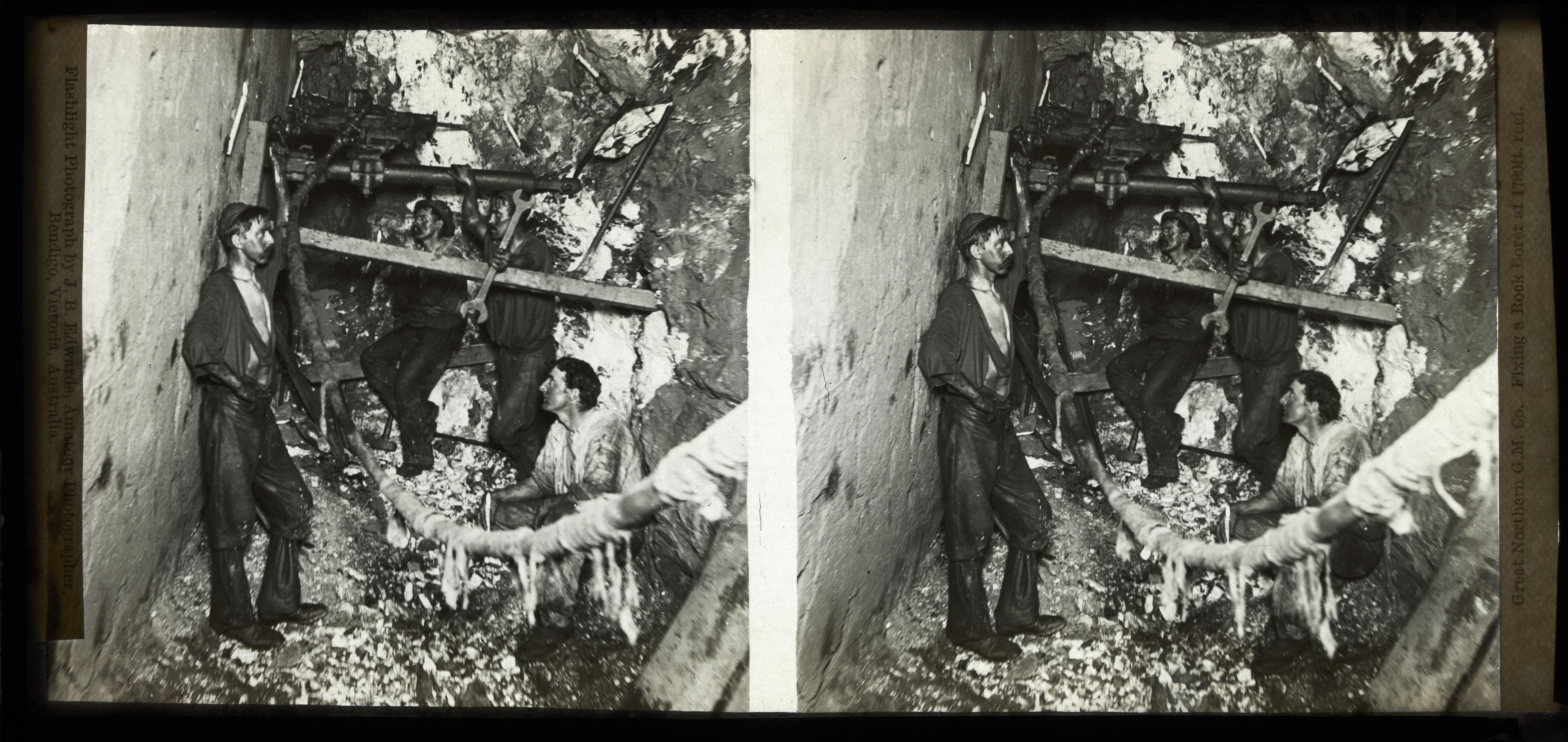 Two identical black and white photos side by side, depicting men working in an underground mine in the 1800s