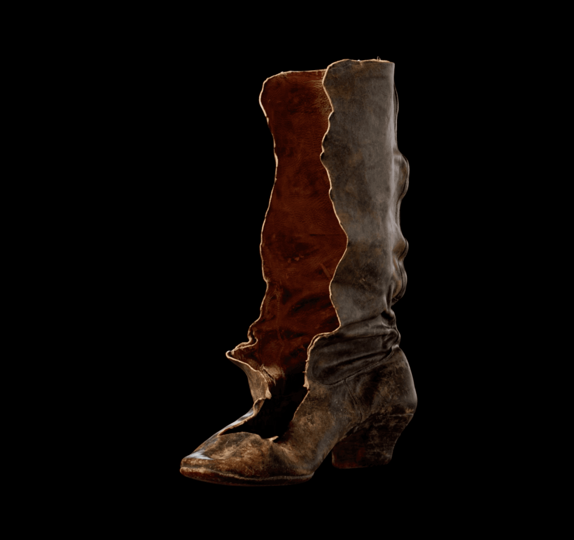 Digital render of an open-fronted, laceless leather boot.
