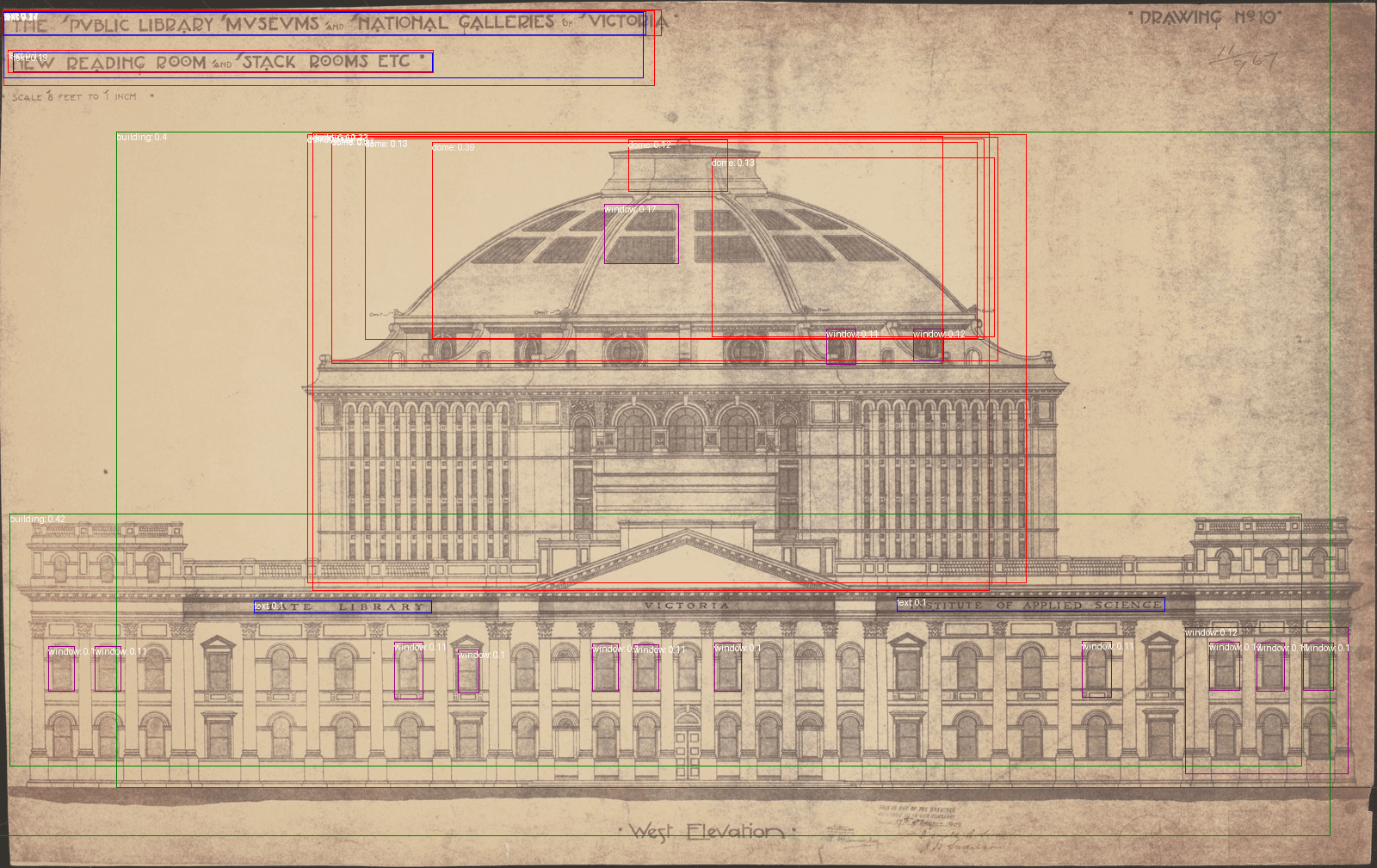 Architectural drawing of archival designs for Melbourne Public Library with overlaying boxes in red and blue.