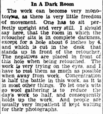 A newspaper clipping written by Perry Winkle detailing the arduous task of retouching 