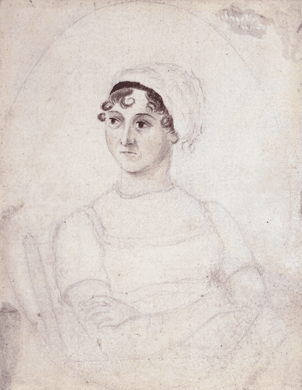 Sketch of a woman with dark curly hair spilling from a bonnet.