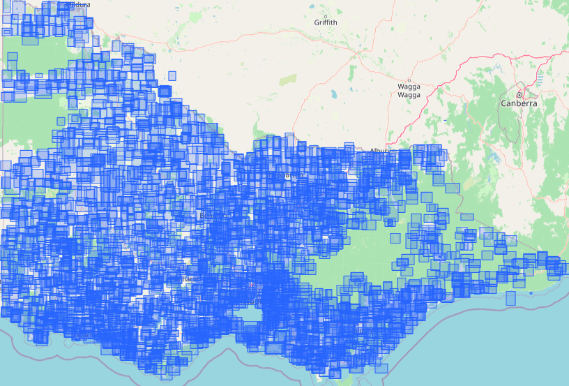 A graphical map of Victoria with hundreds of blue square bounding boxes overlaid on top of it.