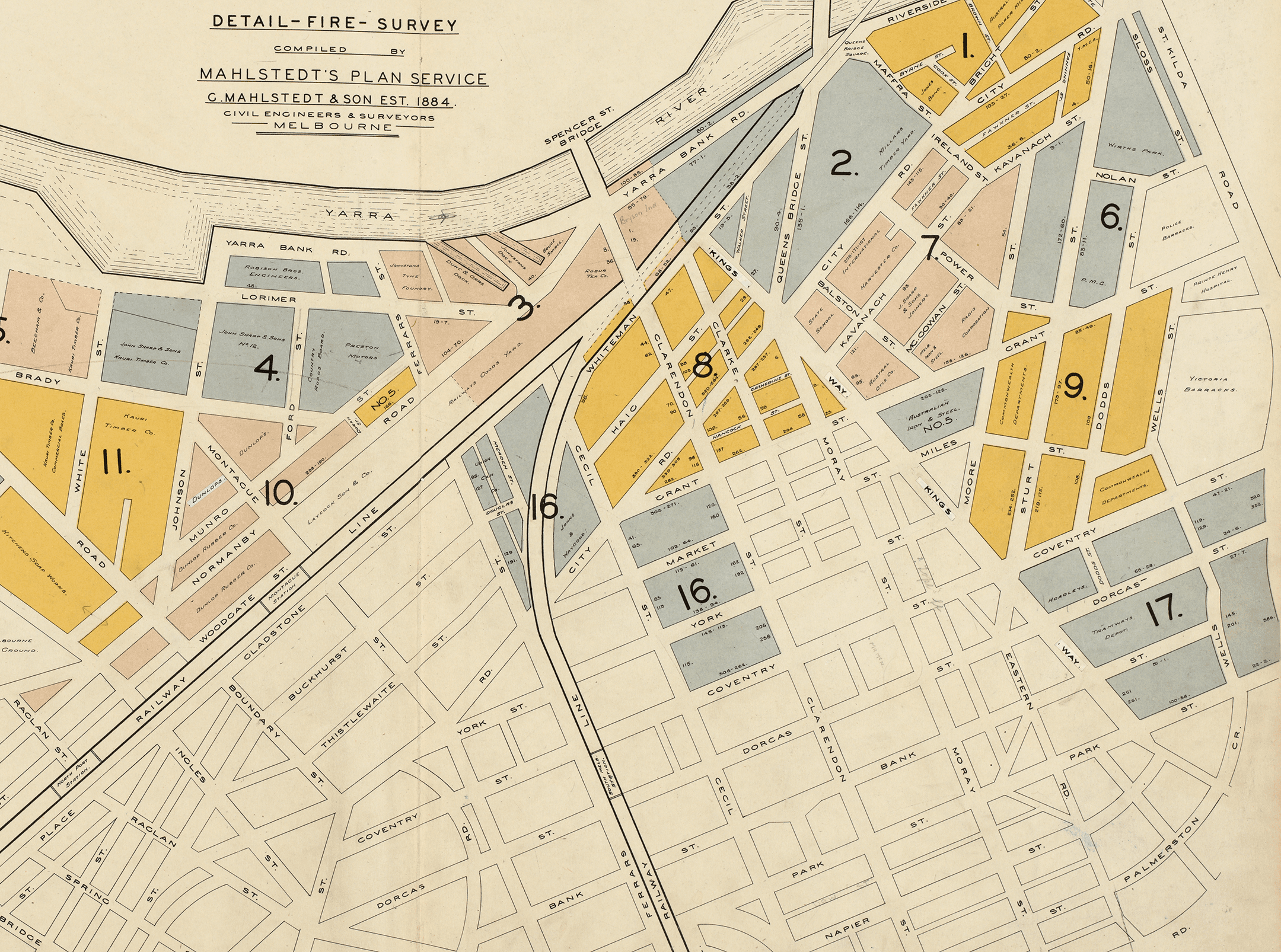 Detail of a hand-drawn Mahlstedt Fire Map showing South Melbourne in 1884