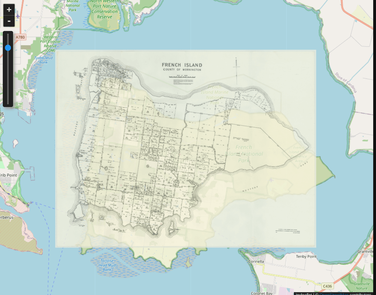 A hand drawn parish map of French Island in Victoria overlaid on a digital map