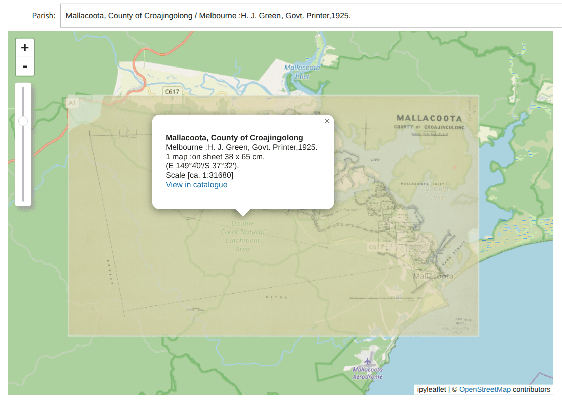 A hand drawn map of Croajingolog overlaid on a digital map with coordinates