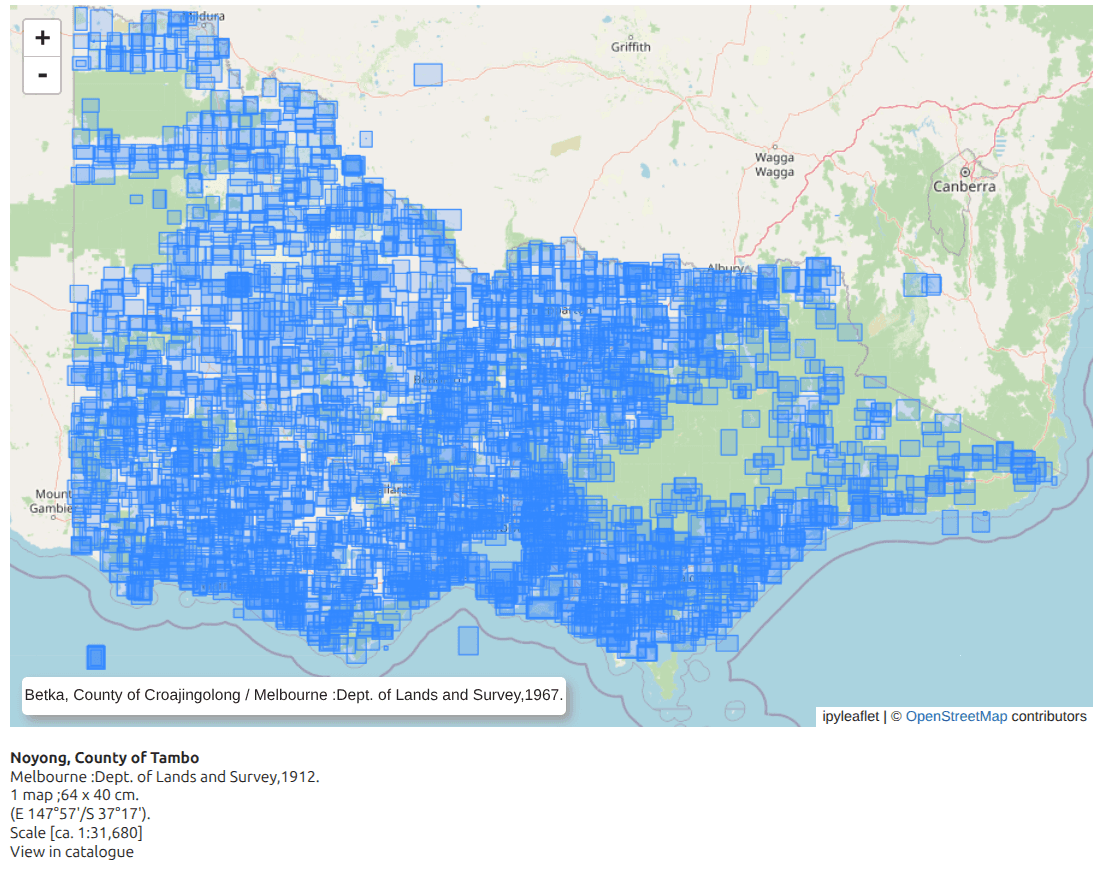 Blue digital bounding boxes overlaid on a digital map of Victoria, densely scattered on the map