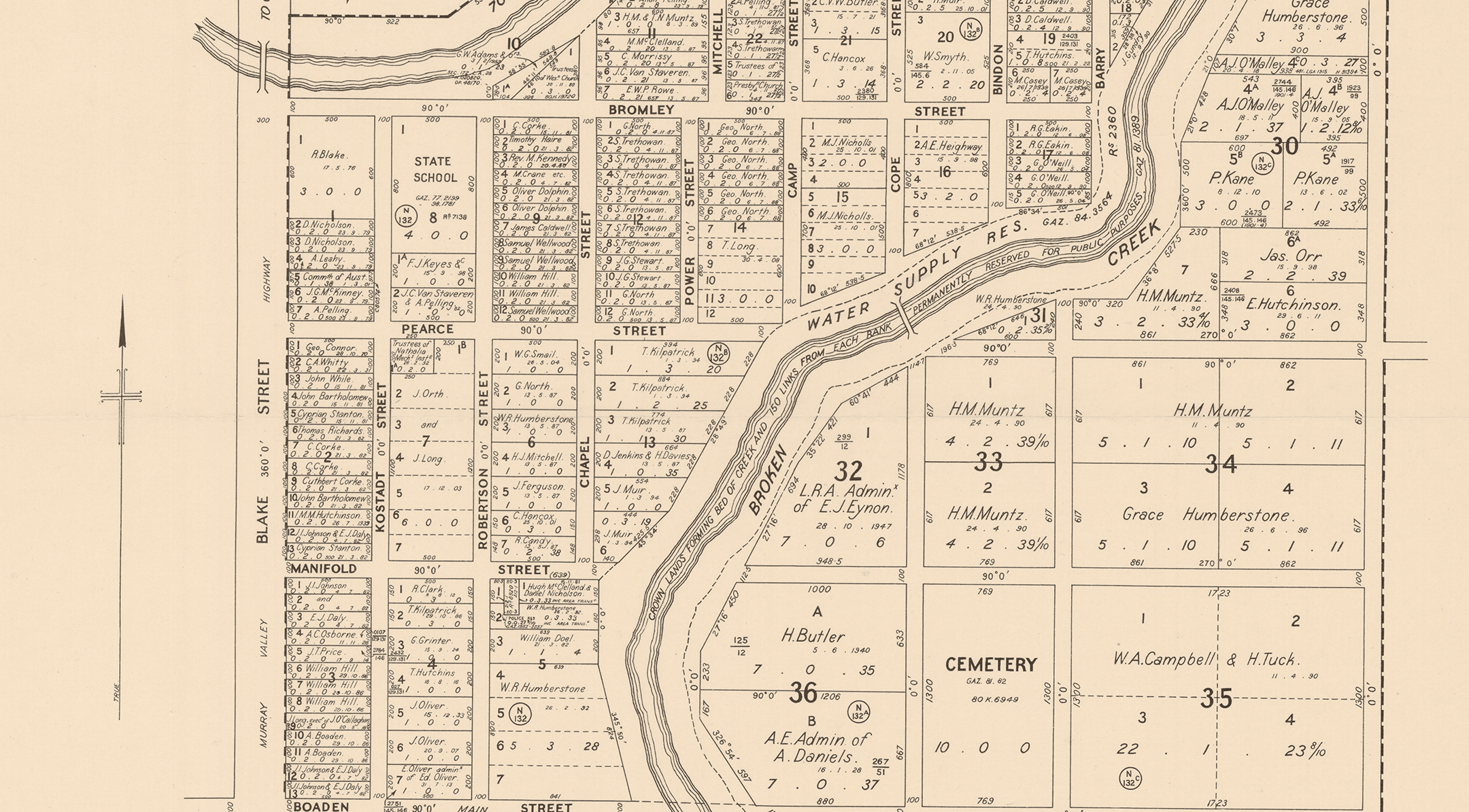 A sepia coloured hand drawn map of a town (Nathalia) with a river running through it