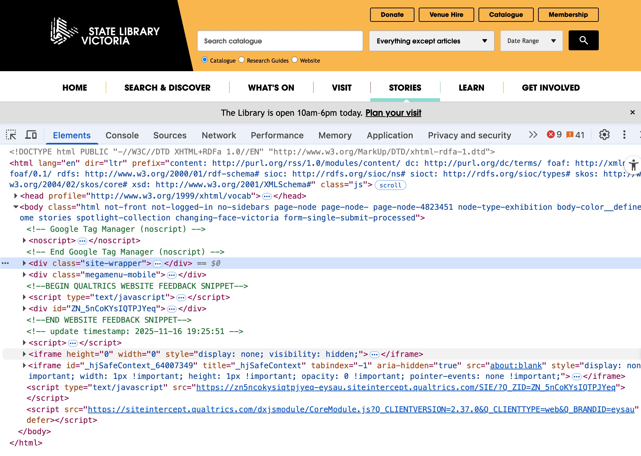 A screenshot of website console code that underlies the State Library Victoria website homepage
