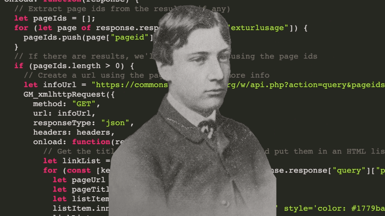 A cutout of a black and white photo of writer Marcus Clarke overlaid on HTML code