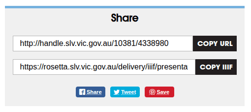 A share URL prompt on a website displaying a short and long version of a URL above social media share buttons