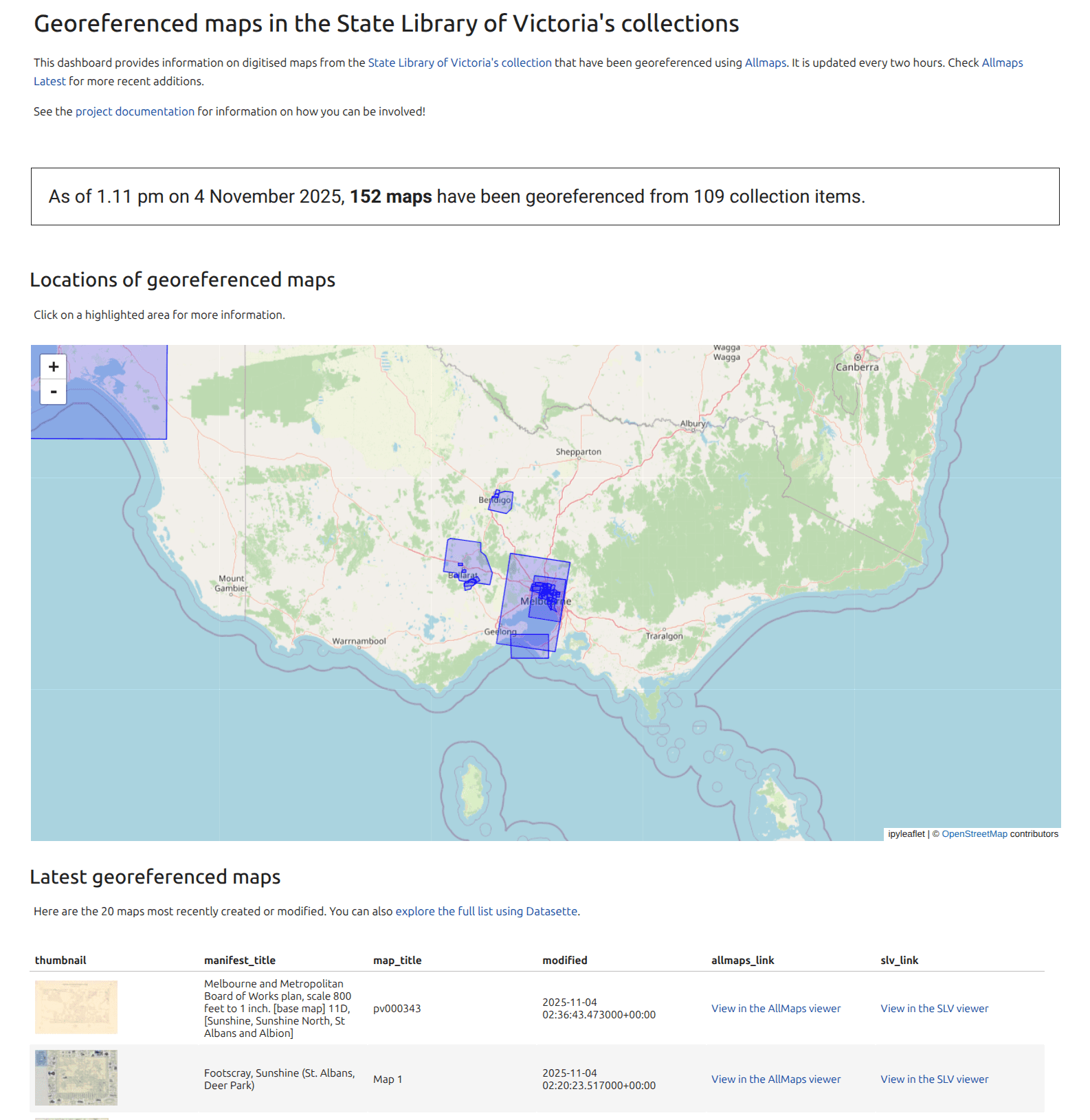 A dashboard displaying a small cluster of blue rectangles overlaid on a map of Victoria