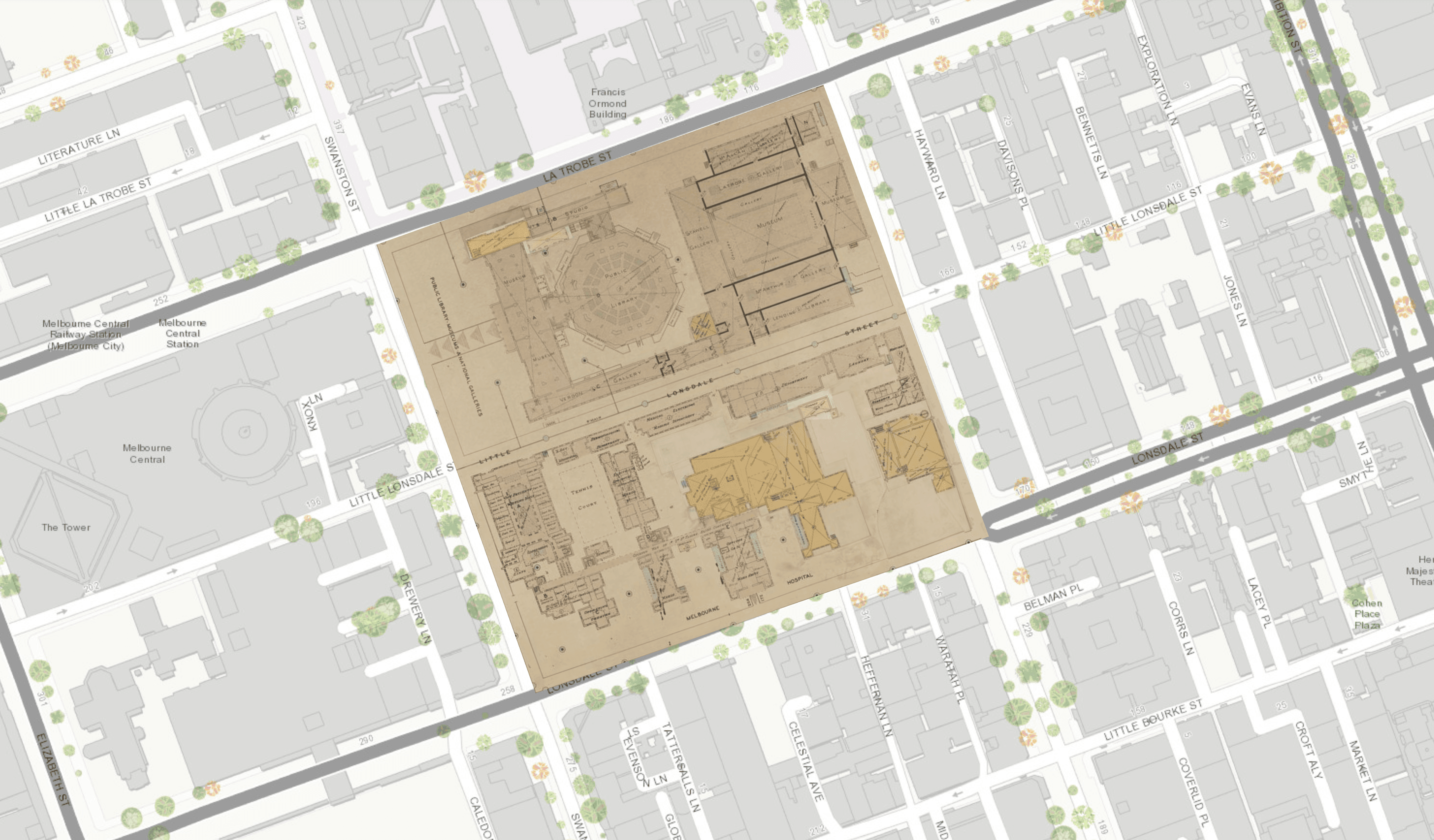 A section of a map from the 1800s of State Library Victoria laid on current day digital map of the same site.