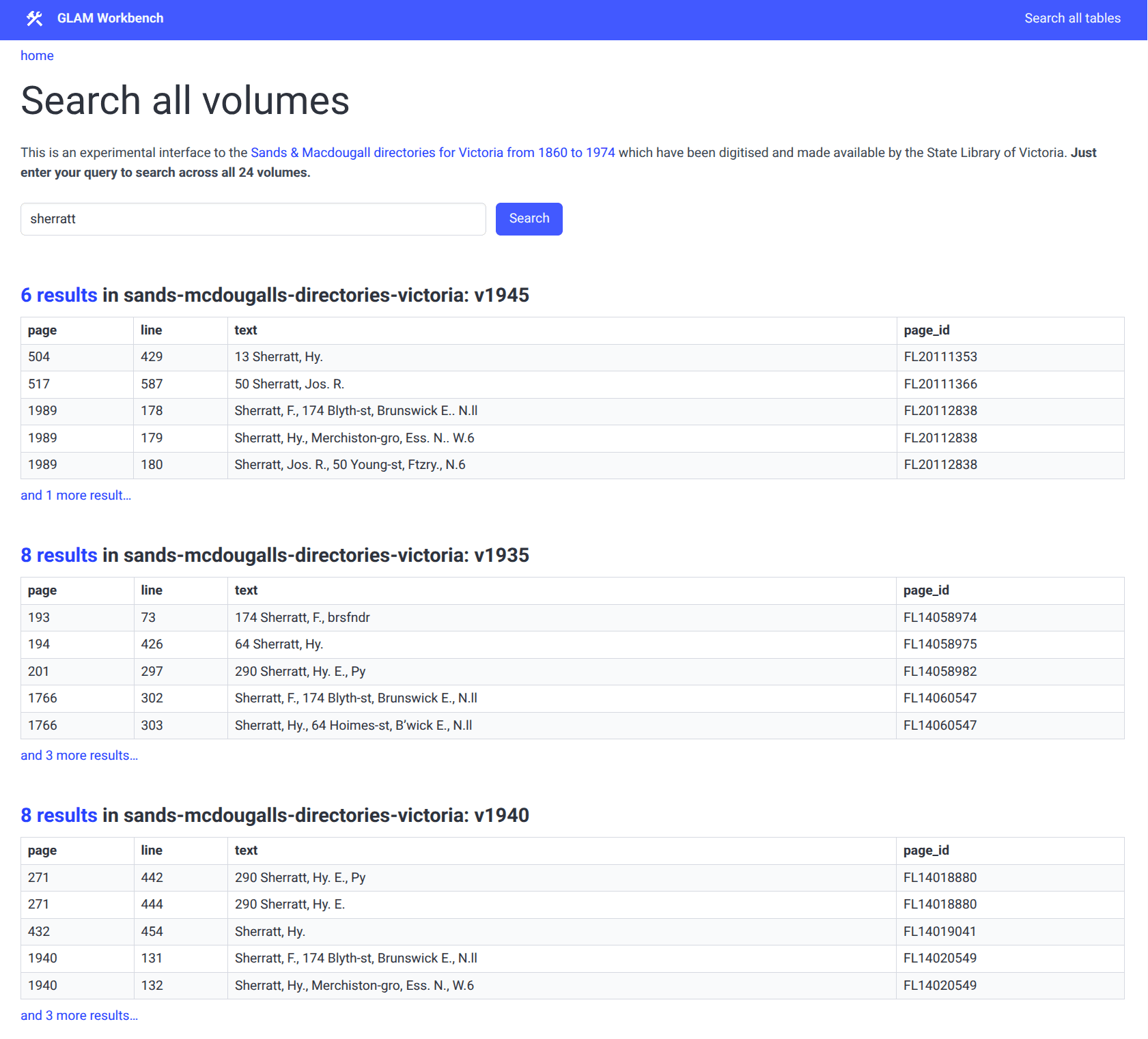 A search for "Sherratt" on the web search interface for the Sands & McDougall’s directories