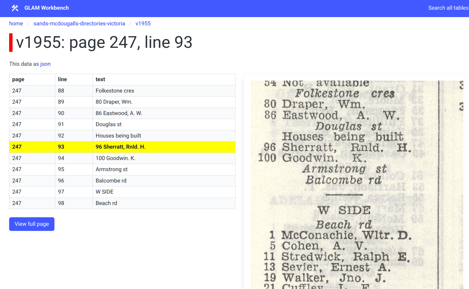 The Sands & Macdougall web interface displays records by line based on search