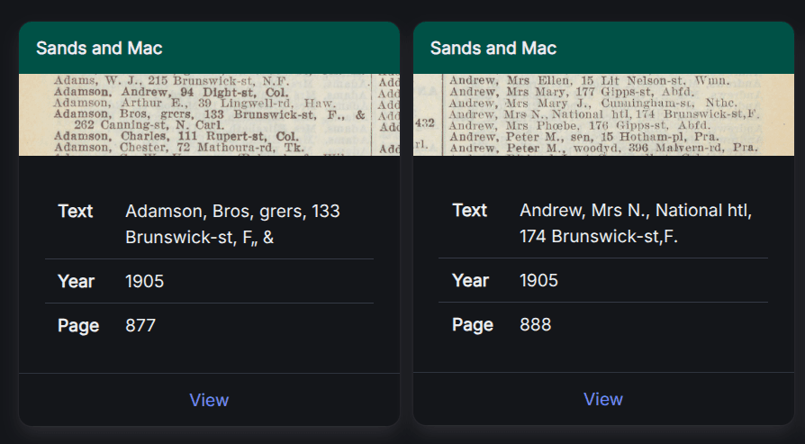 interface showing two directory records from Sands & Mac