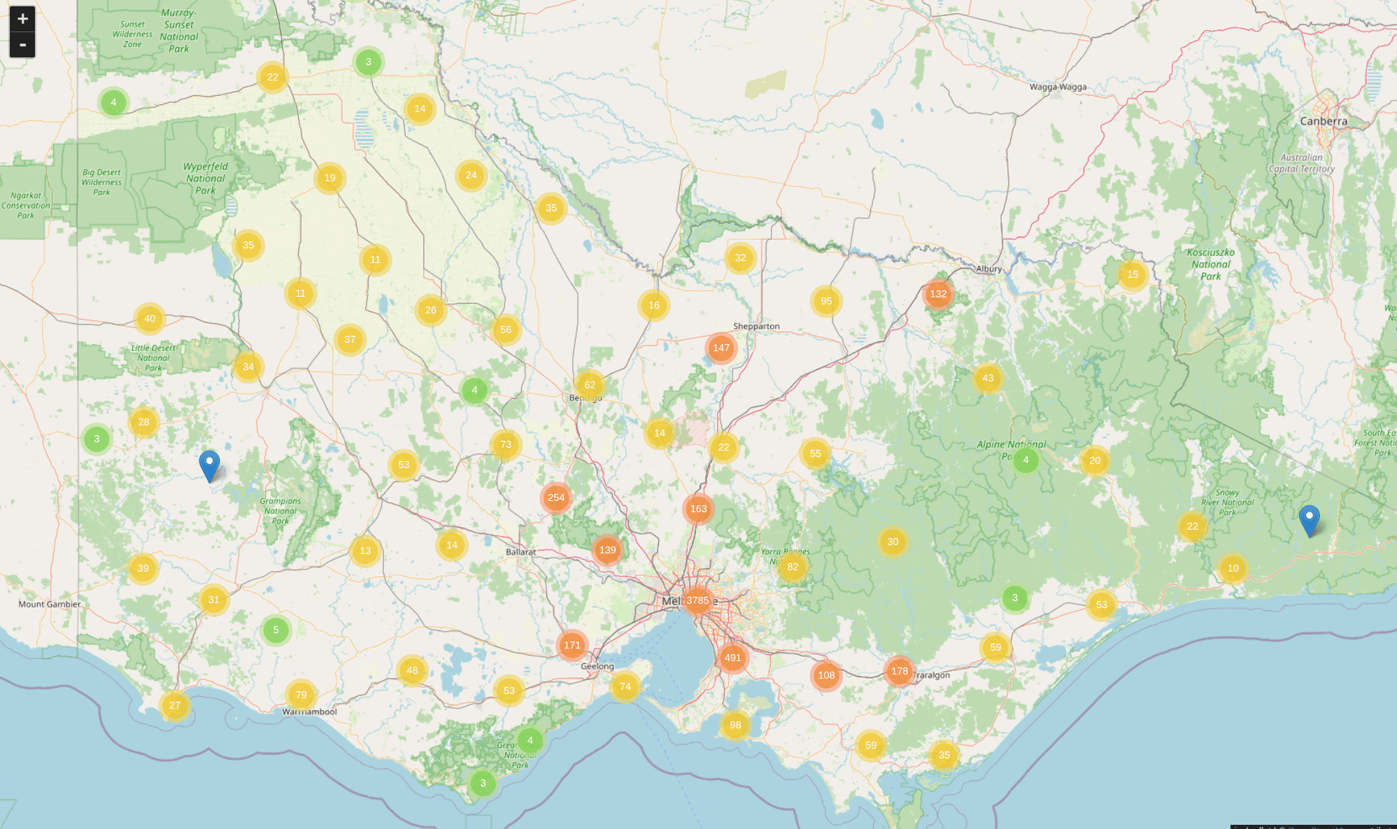 A map of Victoria showing where newspapers have been published expressed as coloured dots
