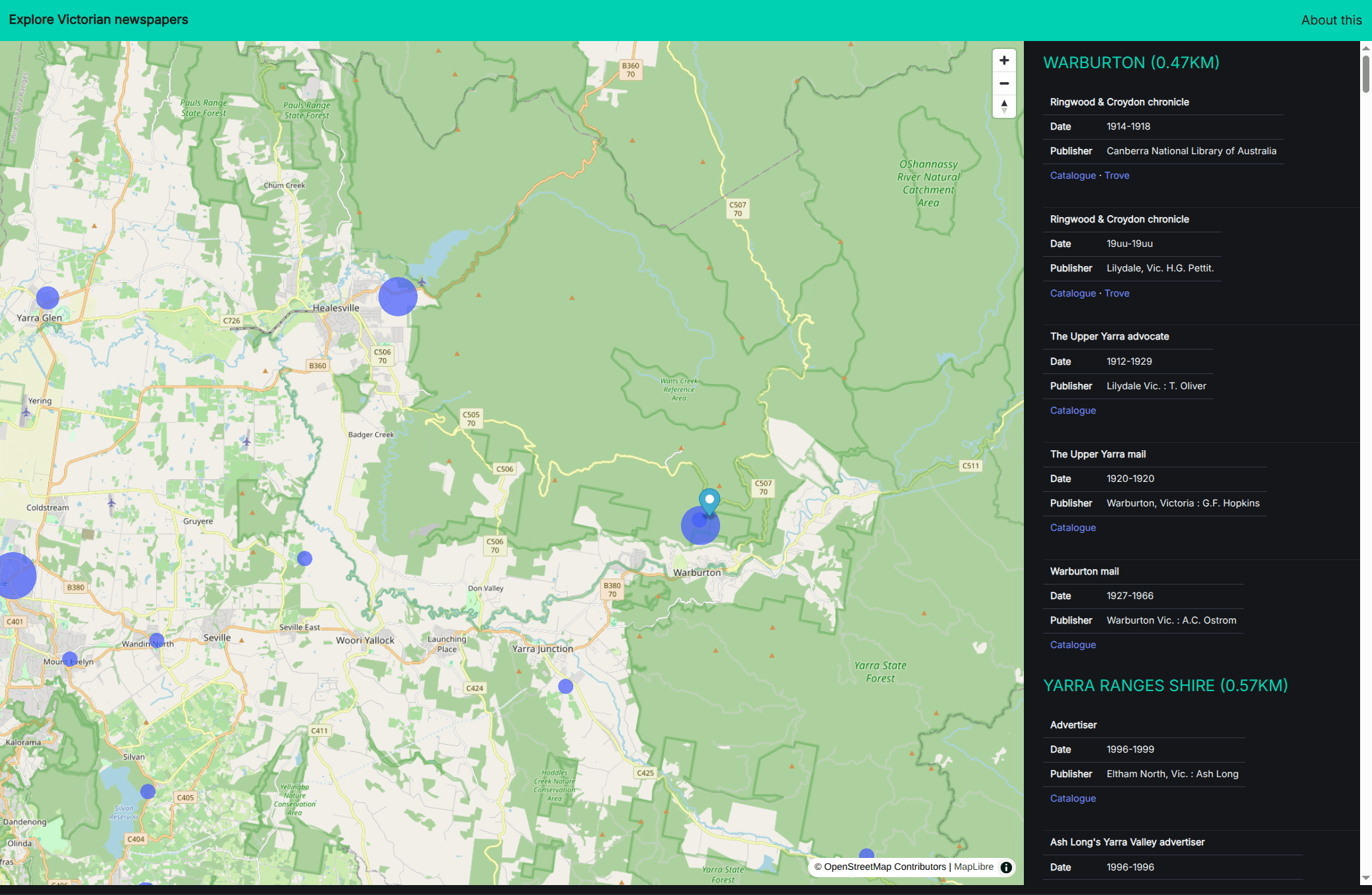 A map visualisation showing the distribution of Victorian newspapers