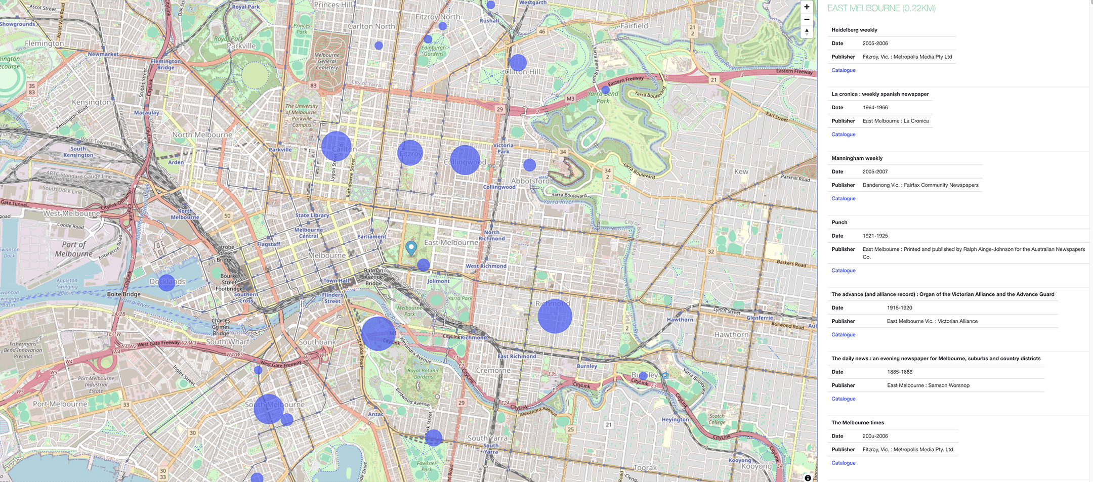 Blue dots overlaid on a map of Melbourne