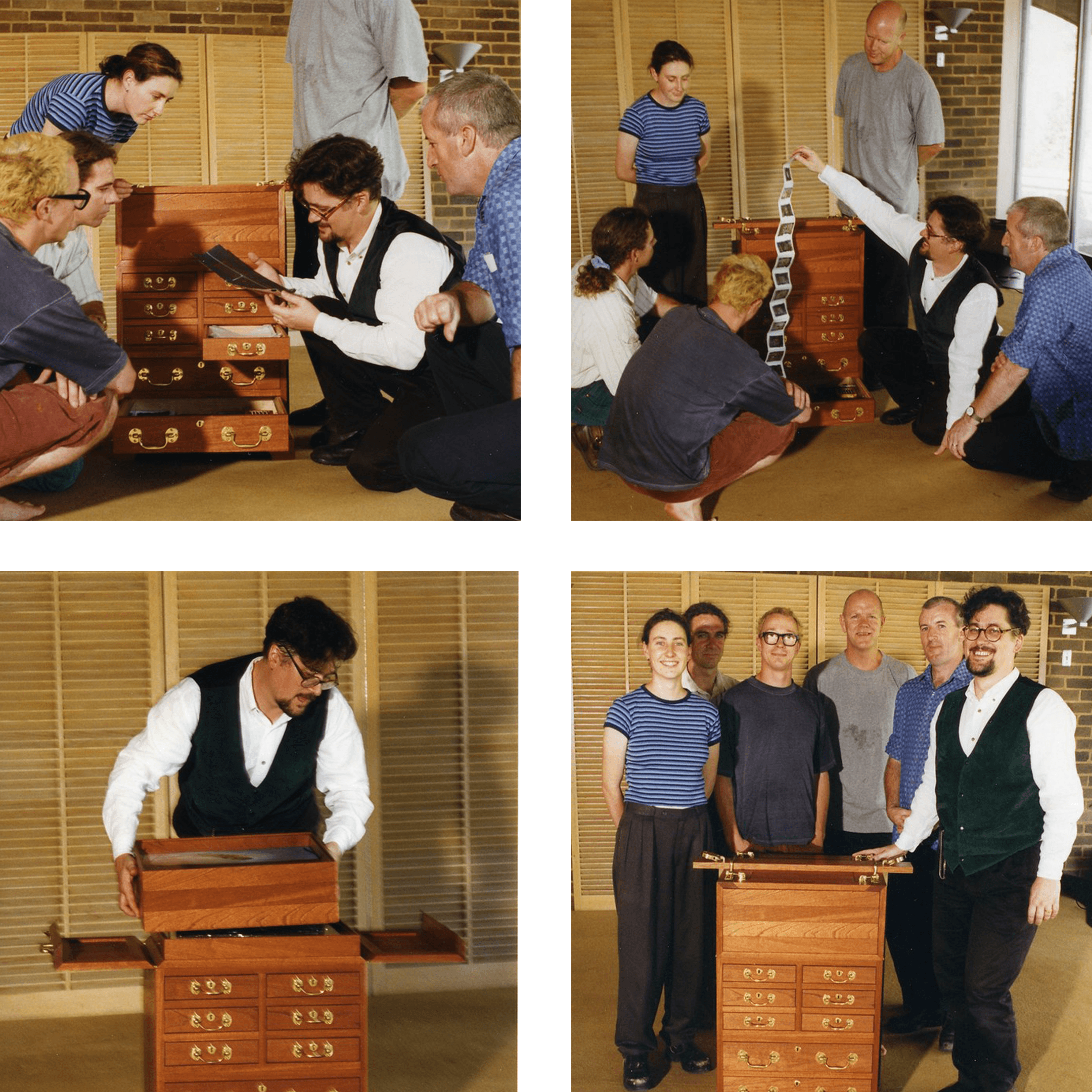 A composite image of colleagues surrounding a wooden cabinet