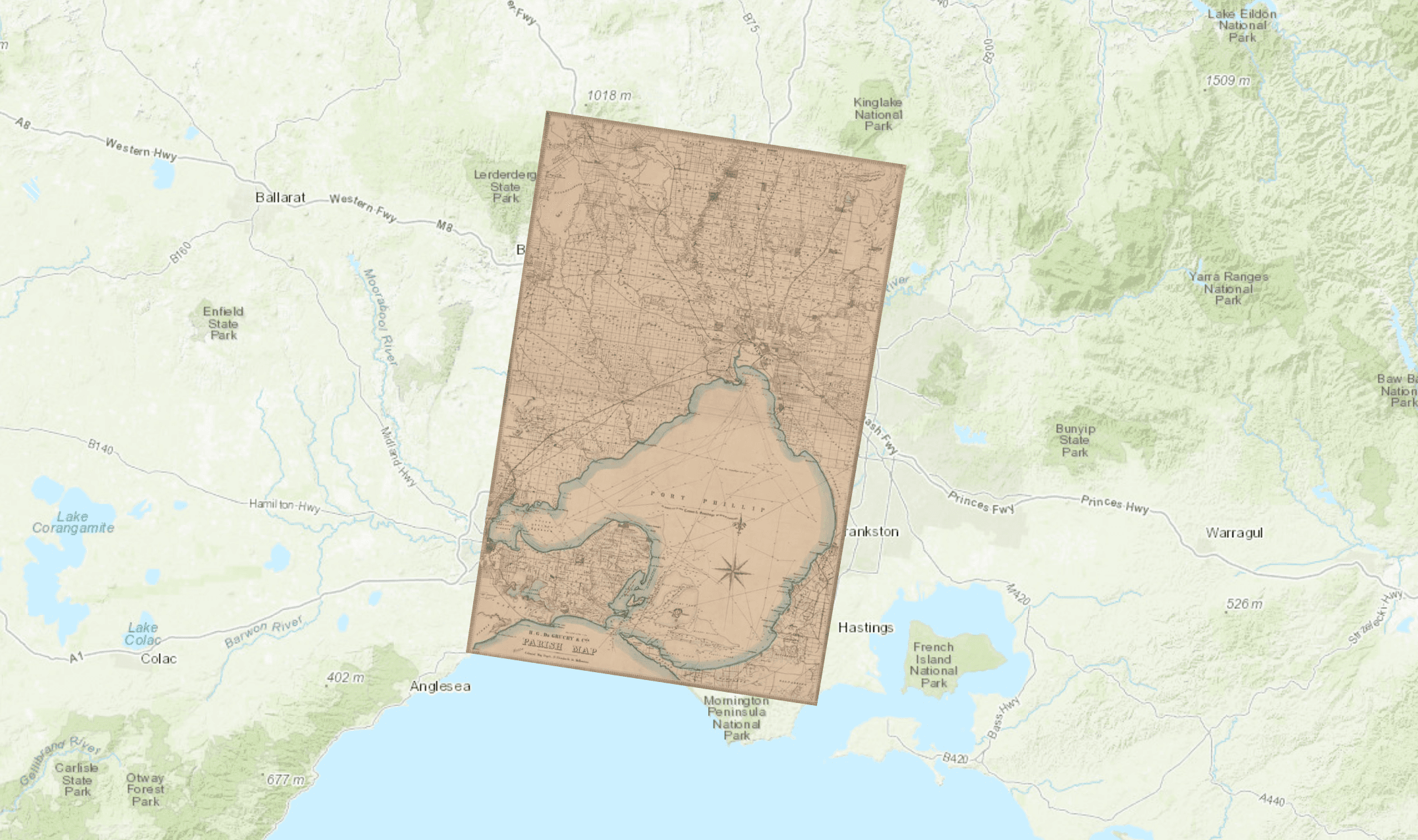 1869 map of Port Philip Bay overlaid on digital map tool