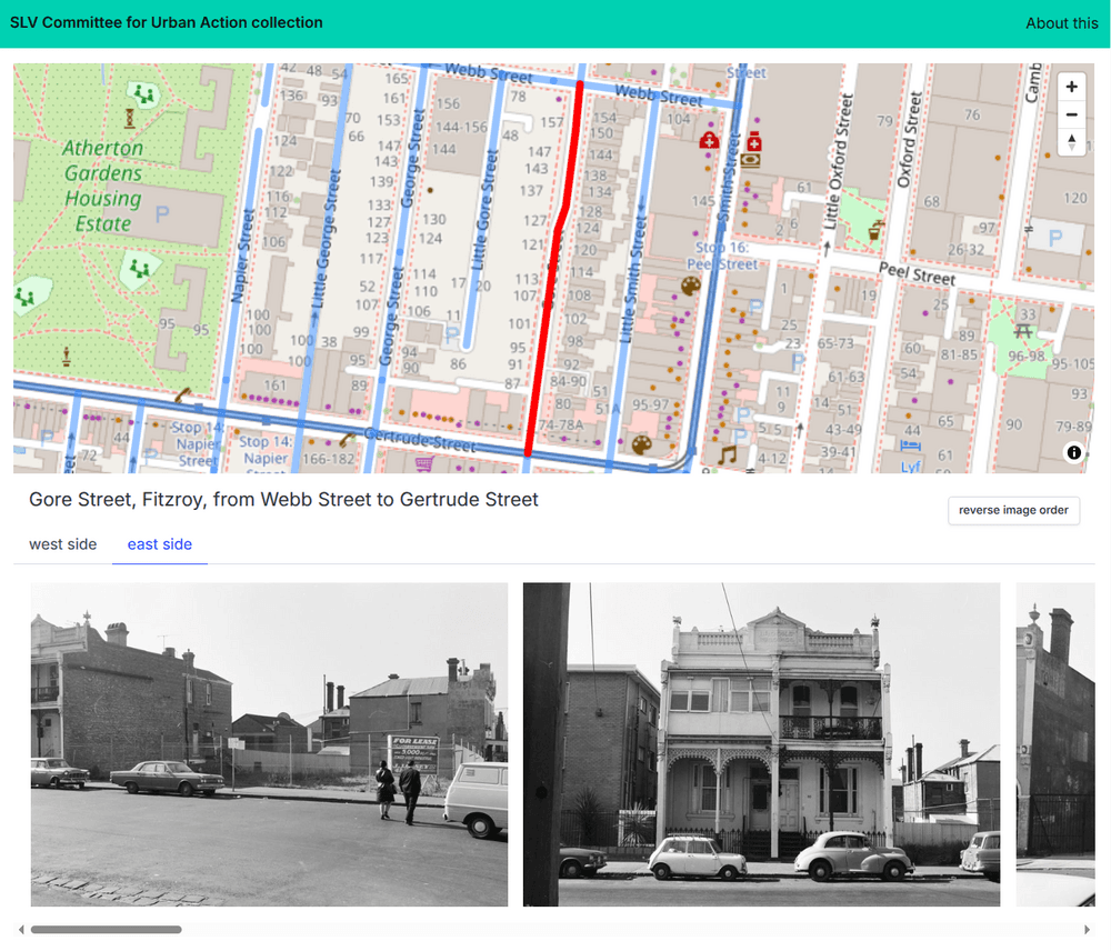 CUA browser tool showing map and 2 photos of Gore St, Fitzroy
