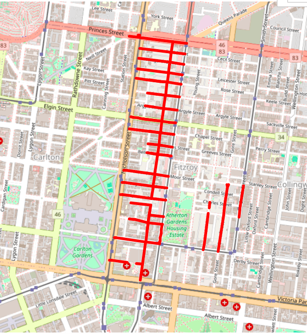 Map of Fitzroy with red lines overlaid