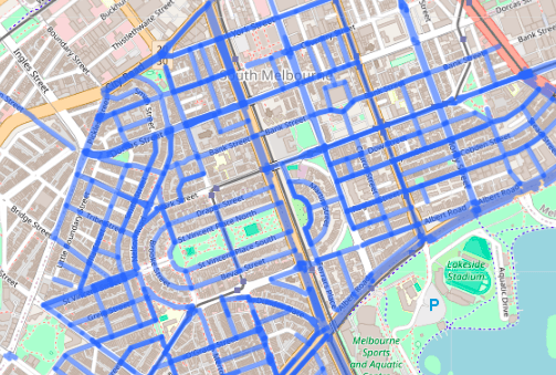 Blue lines overlaid on streets in South Melbourne on map view