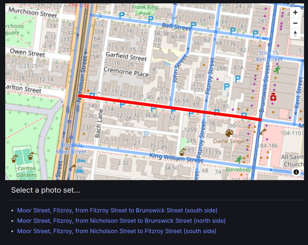Moor Street, Fitzroy, between Nicholson Street and Brunswick Street, in the new CUA Browser, showing the three photosets associated with the one section of road.
