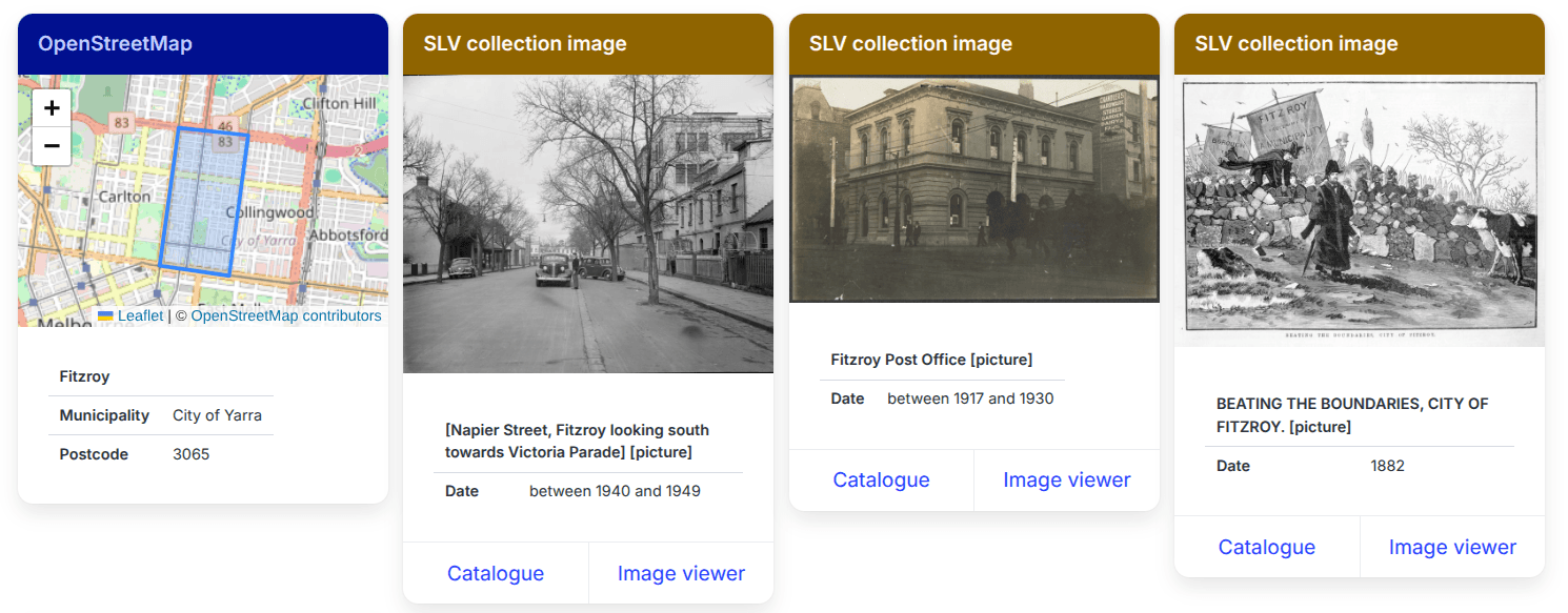A few images of Fitzroy, displayed alongside a map of Fitzroy's current boundaries using data from OpenStreetMap