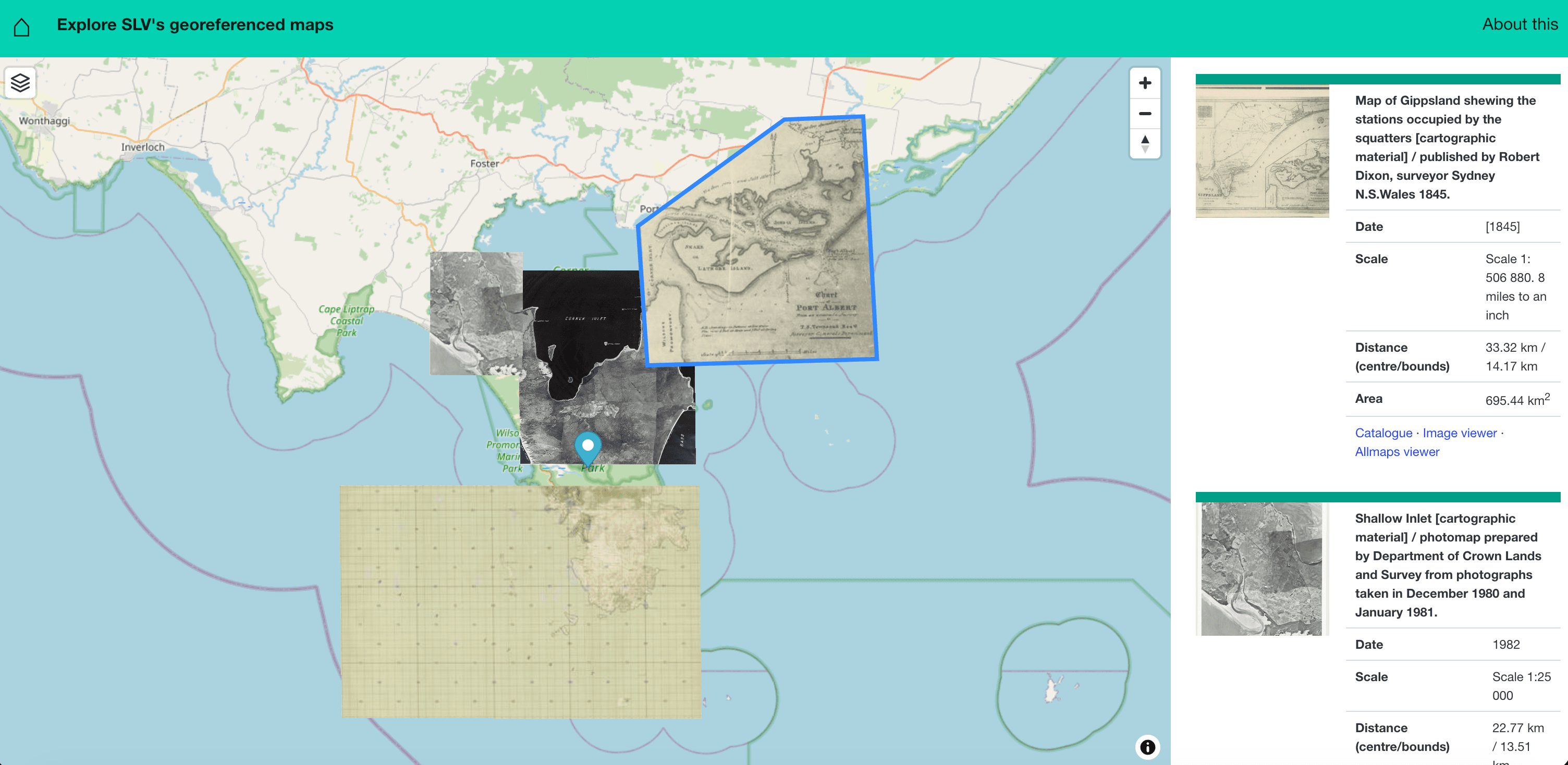 A patchwork of georeferenced maps overlaid on Wilsons Prom, Victoria